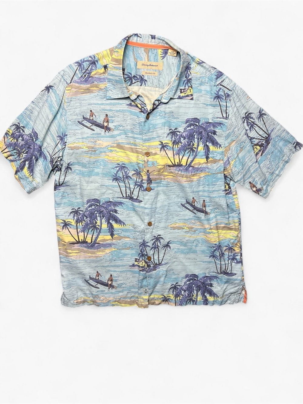 Tommy Bahama 100% Silk Hawaiian Shirt XL Scenic Surf Palm Tree Beach